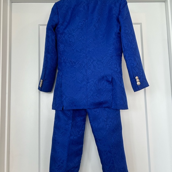 Boys Royal Blue Jacquard Double Breasted Tuxedo Suit (8/9 year) - Picture 3 of 16